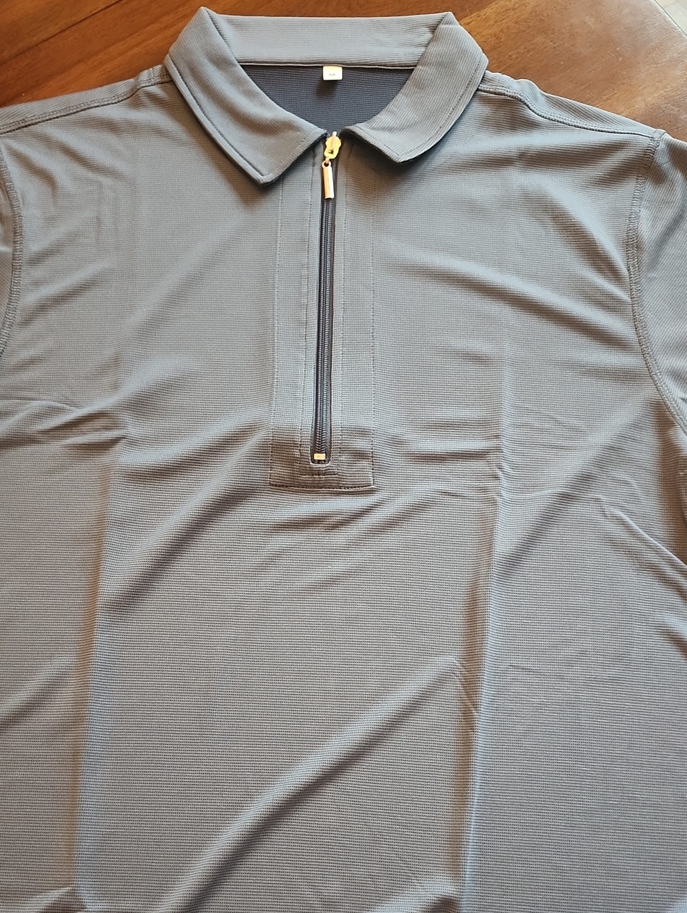 Men's Grey Zip Polo with Gold-Tone Zipper
